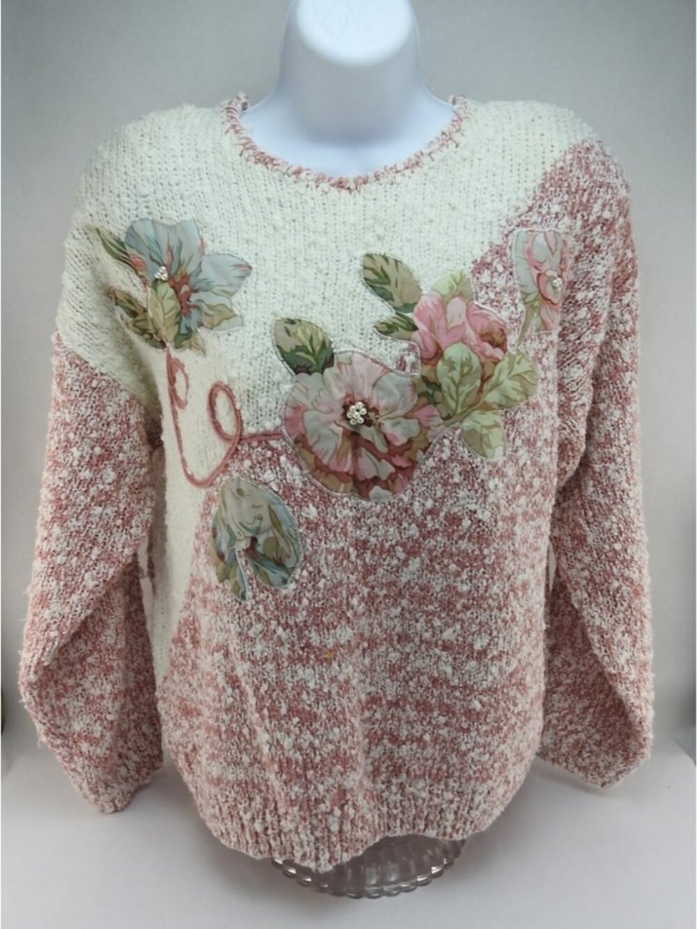 Vintage Pembrooke Pink White Sweater Floral Applique Cottagecore Korea Sz L - Picture 7 of 11